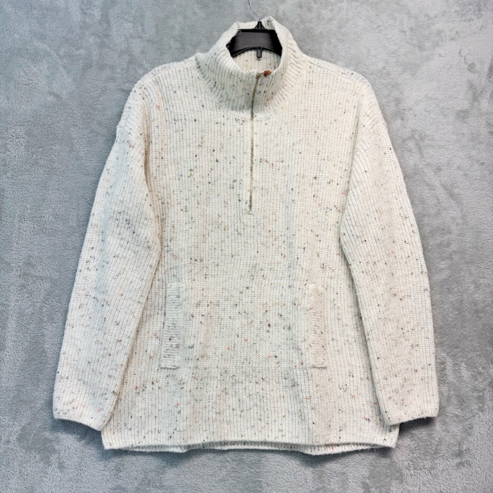 J.Crew Cream Speckled Knit Sweater turtleneck half zip kangaroo pocket Size LP